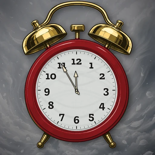 Twin-bell alarm clock in enamel deep red, wind dial, on a matching wind scene
