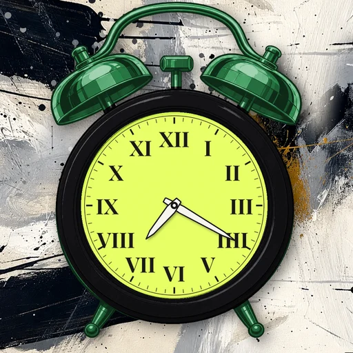 Twin-bell alarm clock in carbon fiber black, lime dial, on an abstract ink background