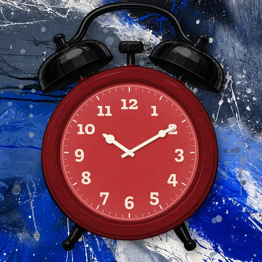 Twin-bell alarm clock in wood deep red, red dial, on an abstract ink background