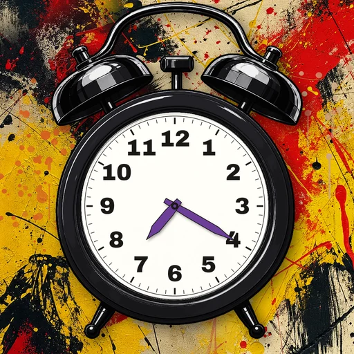 Twin-bell alarm clock in chrome black, white dial, on an abstract ink background