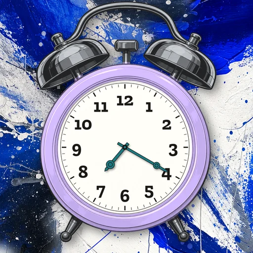 Twin-bell alarm clock in translucent jelly lavender, white dial, on an abstract ink background