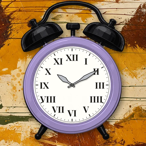 Twin-bell alarm clock in ceramic lavender, white dial, on an abstract ink background