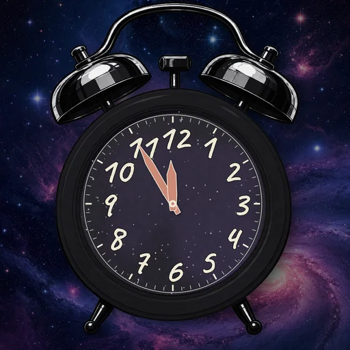 Twin-bell alarm clock in wood black, cosmic dial, on a matching cosmic scene