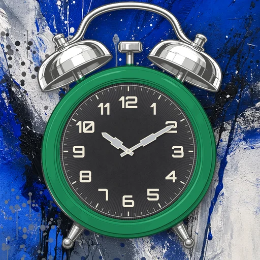 Twin-bell alarm clock in ceramic emerald, black dial, on an abstract ink background