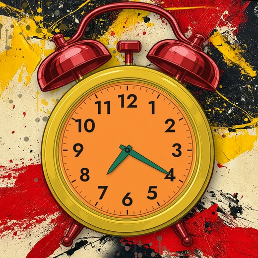 Twin-bell alarm clock in enamel yellow, orange dial, on an abstract ink background