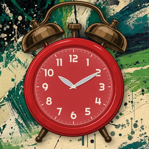 Twin-bell alarm clock in enamel red, red dial, on an abstract ink background
