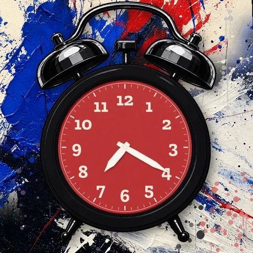 Twin-bell alarm clock in carbon fiber black, red dial, on an abstract ink background