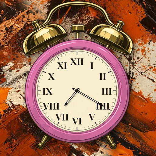 Twin-bell alarm clock in enamel pink, cream dial, on an abstract ink background