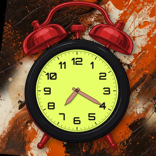 Twin-bell alarm clock in brushed metal black, lime dial, on an abstract ink background