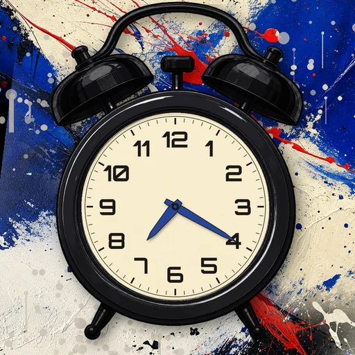 Twin-bell alarm clock in chrome black, cream dial, on an abstract ink background
