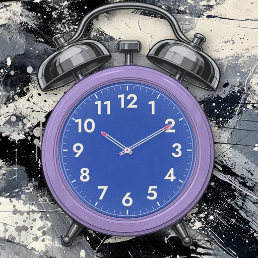 Twin-bell alarm clock in ceramic lavender, blue dial, on an abstract ink background