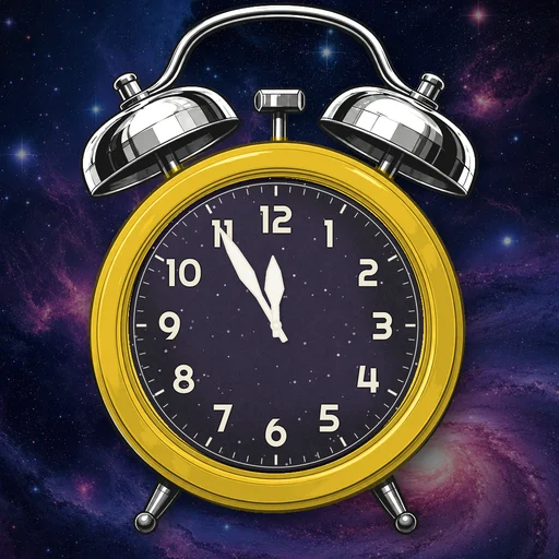 Twin-bell alarm clock in enamel yellow, cosmic dial, on a matching cosmic scene