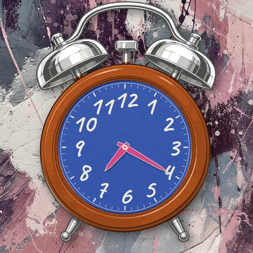 Twin-bell alarm clock in enamel burnt orange, blue dial, on an abstract ink background