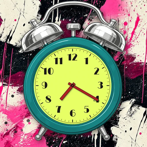 Twin-bell alarm clock in enamel teal, lime dial, on an abstract ink background