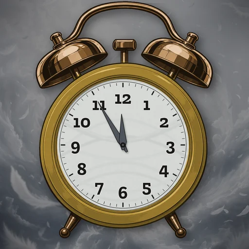 Twin-bell alarm clock in brushed metal gold, wind dial, on a matching wind scene