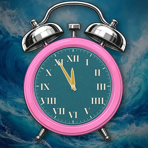 Twin-bell alarm clock in translucent jelly pink, water dial, on a matching water scene