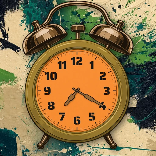 Twin-bell alarm clock in brushed metal gold, orange dial, on an abstract ink background