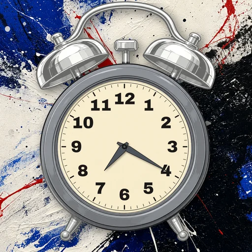 Twin-bell alarm clock in brushed metal silver, cream dial, on an abstract ink background