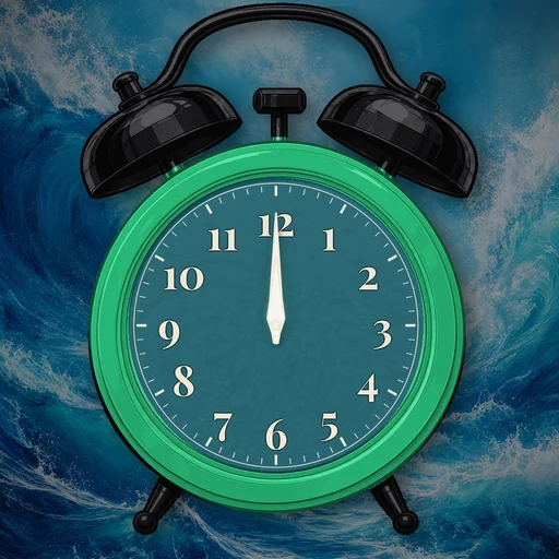 Twin-bell alarm clock in translucent jelly emerald, water dial, on a matching water scene