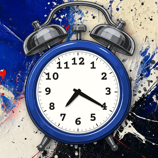 Twin-bell alarm clock in chrome cobalt blue, white dial, on an abstract ink background