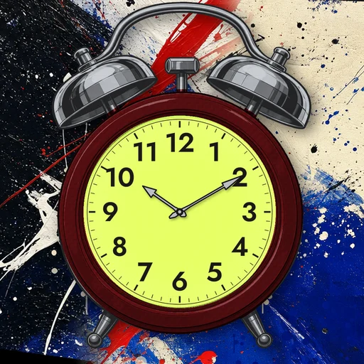 Twin-bell alarm clock in carbon fiber deep red, lime dial, on an abstract ink background