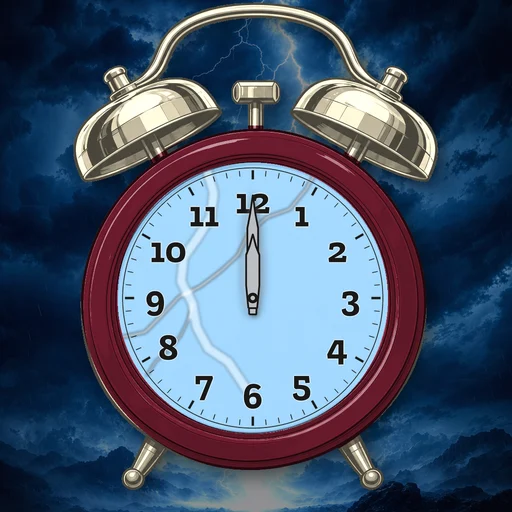 Twin-bell alarm clock in enamel burgundy, lightning dial, on a matching lightning scene