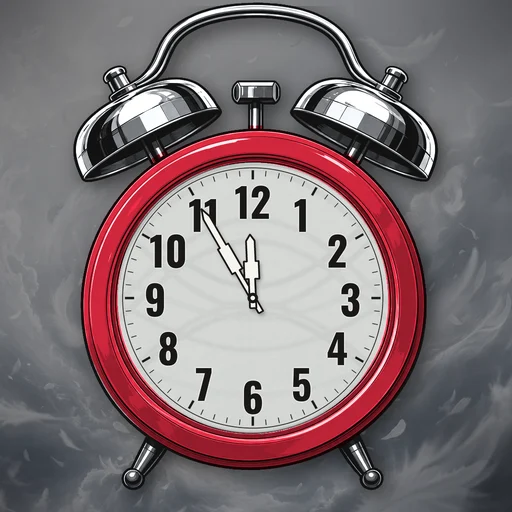 Twin-bell alarm clock in chrome cherry red, wind dial, on a matching wind scene