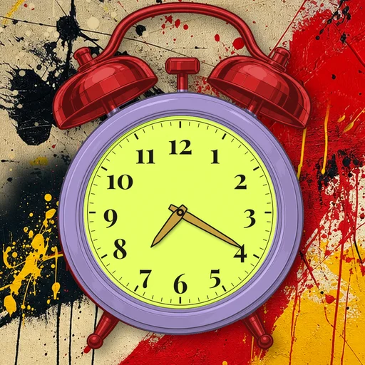 Twin-bell alarm clock in ceramic lavender, lime dial, on an abstract ink background
