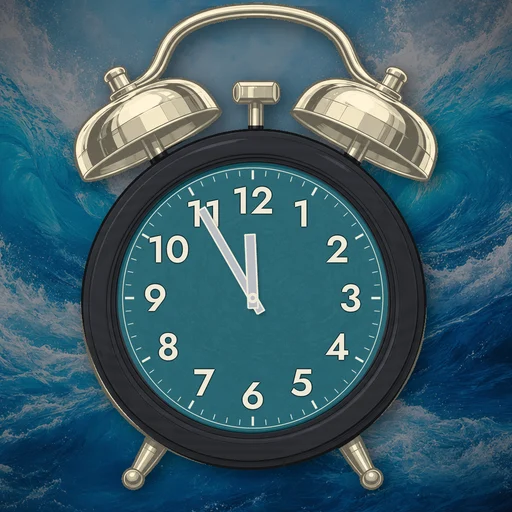 Twin-bell alarm clock in wood charcoal, water dial, on a matching water scene