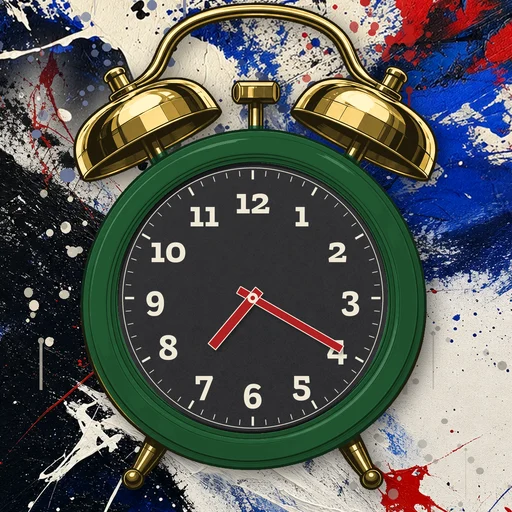 Twin-bell alarm clock in ceramic forest green, black dial, on an abstract ink background