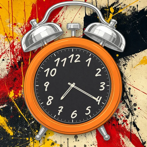 Twin-bell alarm clock in translucent jelly orange, black dial, on an abstract ink background