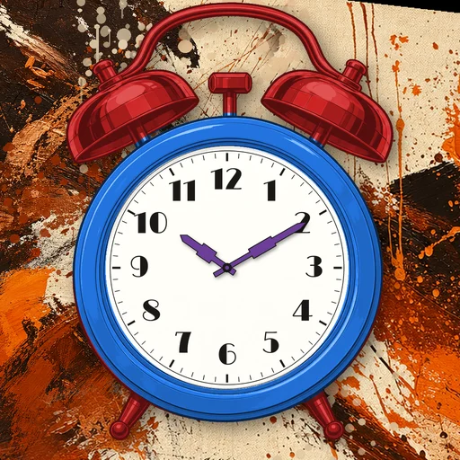 Twin-bell alarm clock in enamel electric blue, white dial, on an abstract ink background