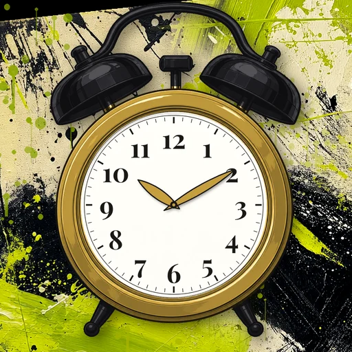 Twin-bell alarm clock in gold gold, white dial, on an abstract ink background