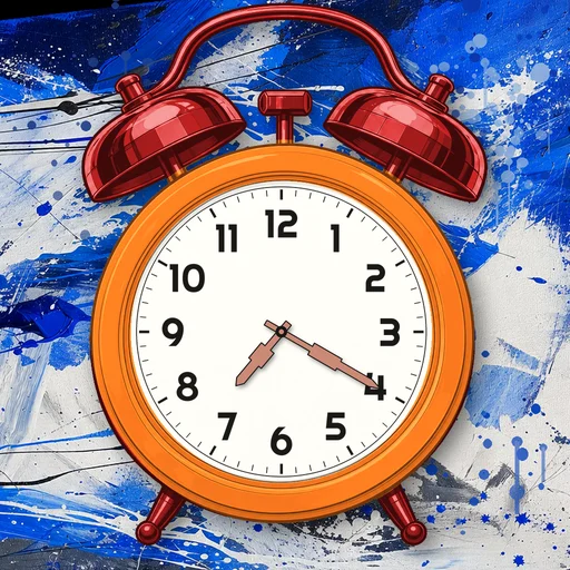 Twin-bell alarm clock in translucent jelly orange, white dial, on an abstract ink background