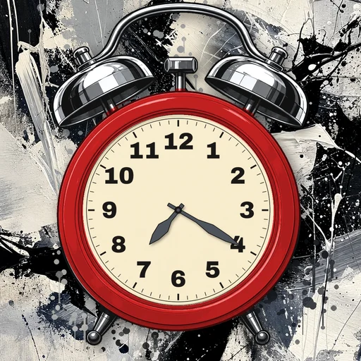 Twin-bell alarm clock in enamel red, cream dial, on an abstract ink background
