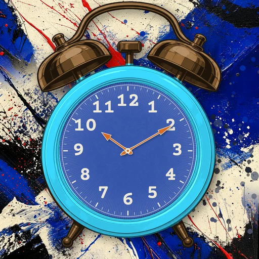 Twin-bell alarm clock in translucent jelly cyan, blue dial, on an abstract ink background