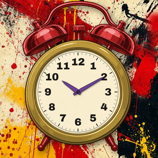 Twin-bell alarm clock in gold gold, cream dial, on an abstract ink background