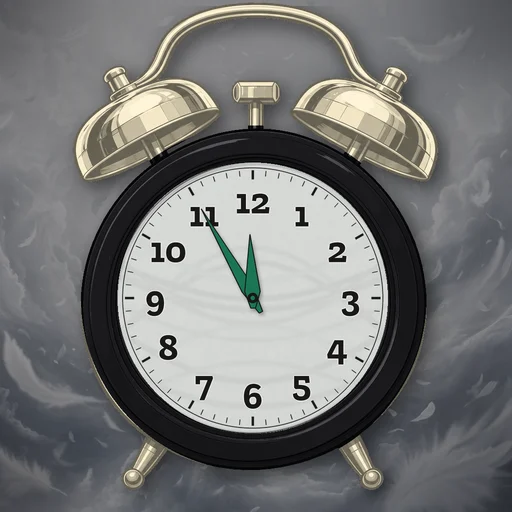 Twin-bell alarm clock in brushed metal black, wind dial, on a matching wind scene