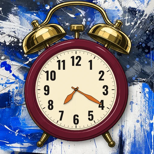 Twin-bell alarm clock in enamel burgundy, cream dial, on an abstract ink background