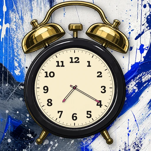 Twin-bell alarm clock in chrome black, cream dial, on an abstract ink background