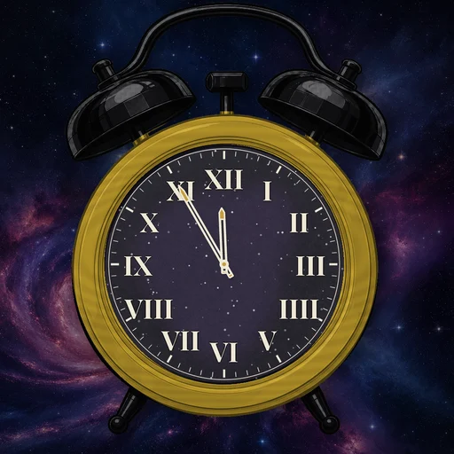 Twin-bell alarm clock in wood mustard yellow, cosmic dial, on a matching cosmic scene