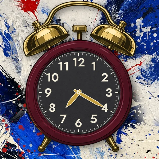Twin-bell alarm clock in brushed metal burgundy, black dial, on an abstract ink background