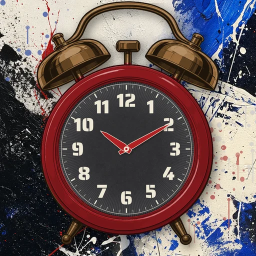 Twin-bell alarm clock in enamel deep red, black dial, on an abstract ink background