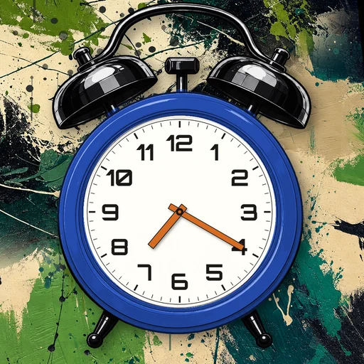 Twin-bell alarm clock in enamel cobalt blue, white dial, on an abstract ink background