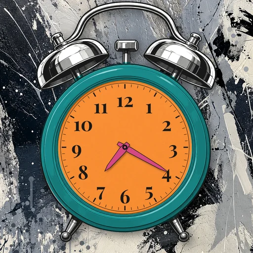 Twin-bell alarm clock in enamel teal, orange dial, on an abstract ink background