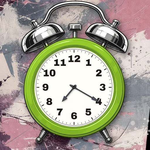 Twin-bell alarm clock in enamel lime, white dial, on an abstract ink background
