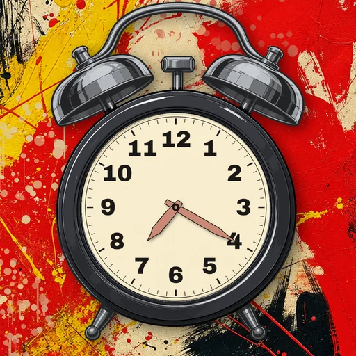 Twin-bell alarm clock in chrome charcoal, cream dial, on an abstract ink background
