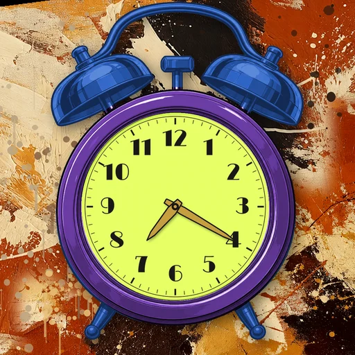 Twin-bell alarm clock in chrome purple, lime dial, on an abstract ink background