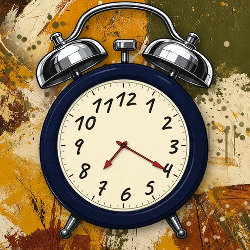 Twin-bell alarm clock in brushed metal midnight blue, cream dial, on an abstract ink background