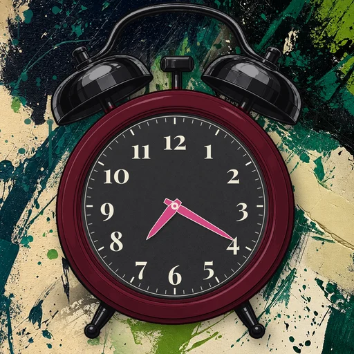 Twin-bell alarm clock in brushed metal burgundy, black dial, on an abstract ink background
